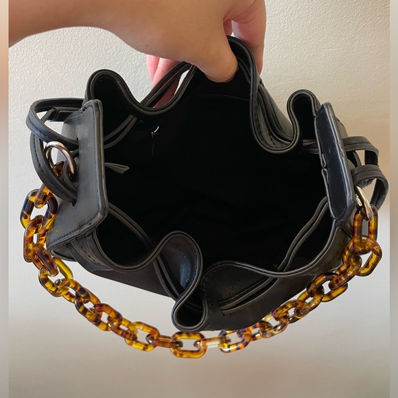 Black Leather Shoulder Bag with Chain Detail - Picture 3 of 5
